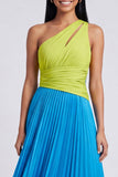 Green and Blue Long Color Block Patchwork Keyhole Formal Dress with Pleats