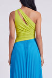 Green and Blue Long Color Block Patchwork Keyhole Formal Dress with Pleats