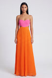 Empire Waist Pink and Orange Color Block Patchwork Long Pletaed Formal Dress