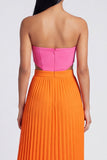 Empire Waist Pink and Orange Color Block Patchwork Long Pletaed Formal Dress