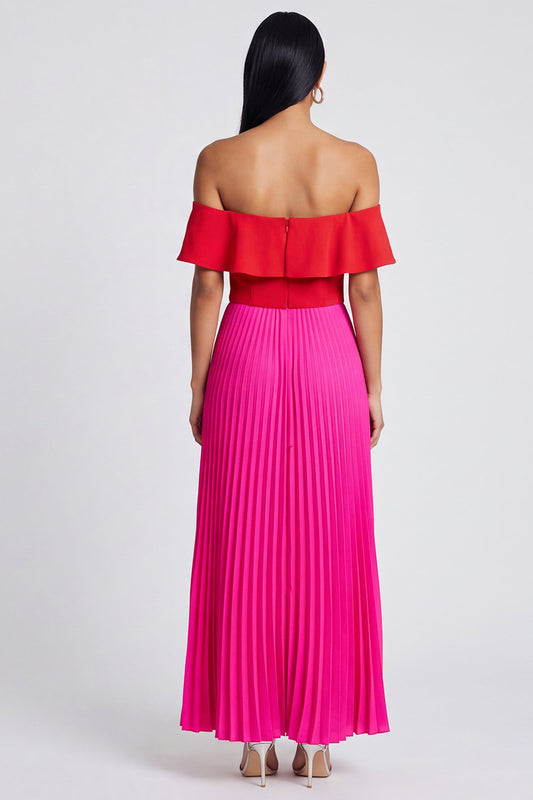 A Line Long Color Block Patchwork Fuchsia and Red Formal Dress with Pleats