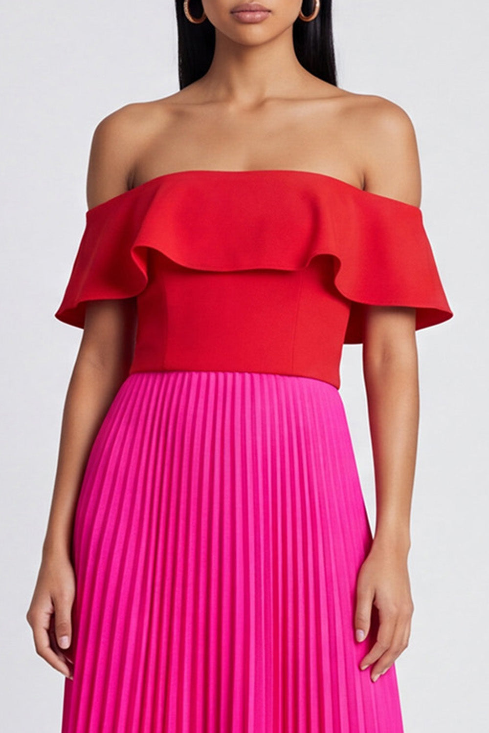 A Line Long Color Block Patchwork Fuchsia and Red Formal Dress with Pleats