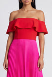 A Line Long Color Block Patchwork Fuchsia and Red Formal Dress with Pleats