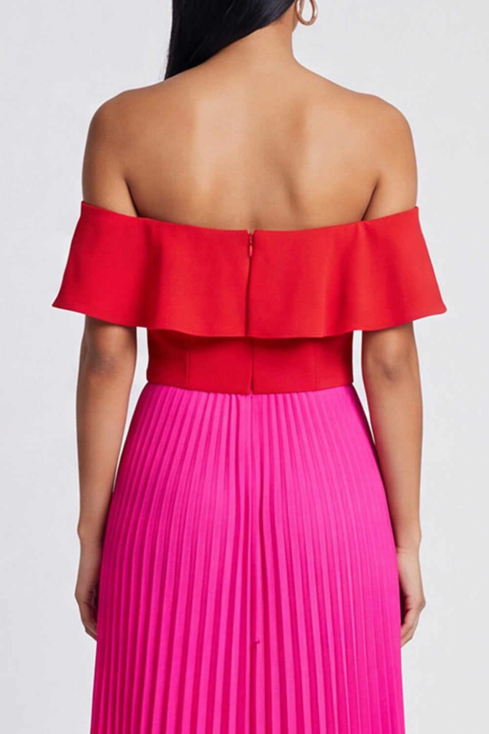 A Line Long Color Block Patchwork Fuchsia and Red Formal Dress with Pleats