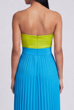 Green and Blue Empire Waist Long Color Block Patchwork Formal Dress