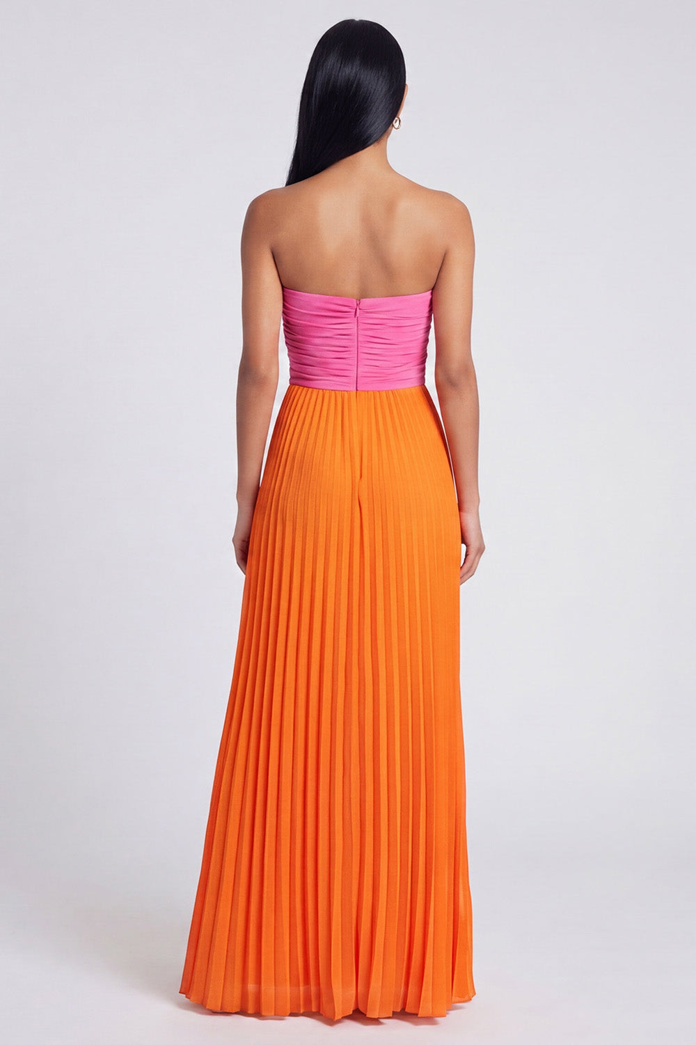 Pink and Orange Empire Waist Long Color Block Patchwork Formal Dress