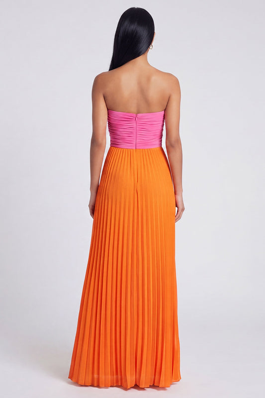 Pink and Orange Empire Waist Long Color Block Patchwork Formal Dress