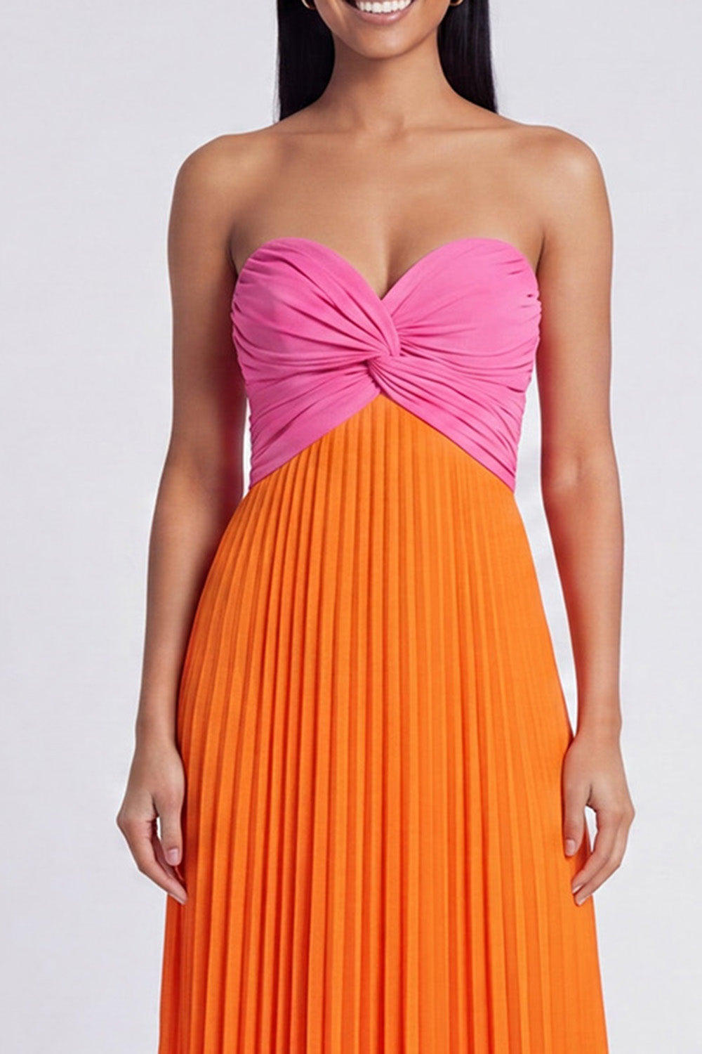 Pink and Orange Empire Waist Long Color Block Patchwork Formal Dress