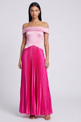 A Line Color Block Patchwork Pink and Fuchsia Long Formal Dress with Pleats
