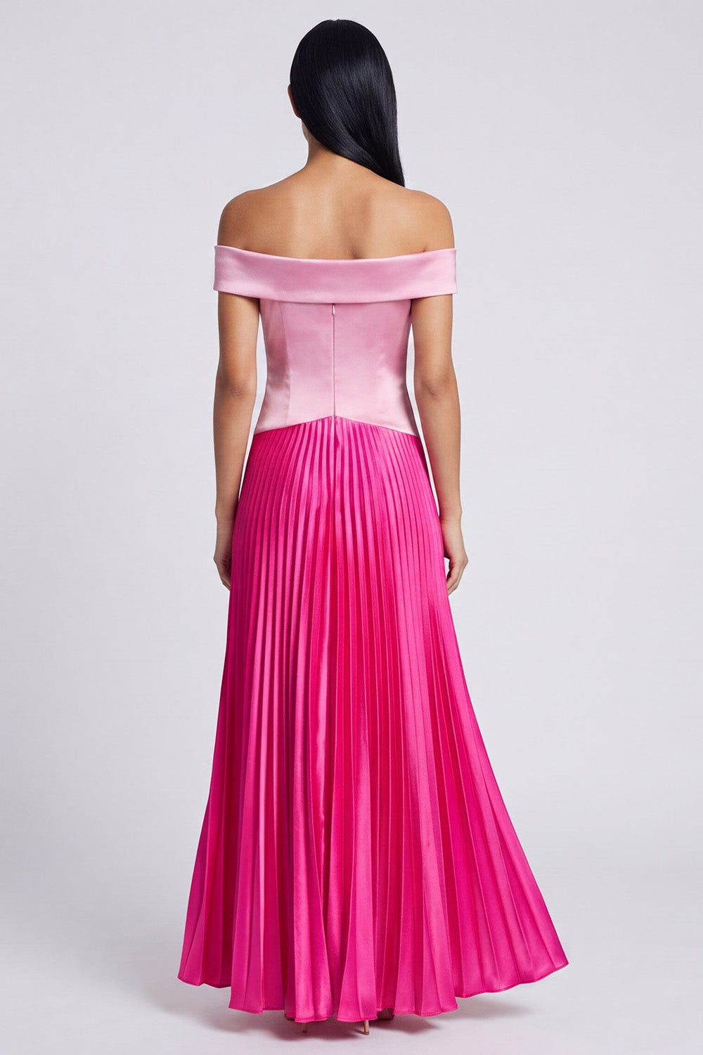 A Line Color Block Patchwork Pink and Fuchsia Long Formal Dress with Pleats