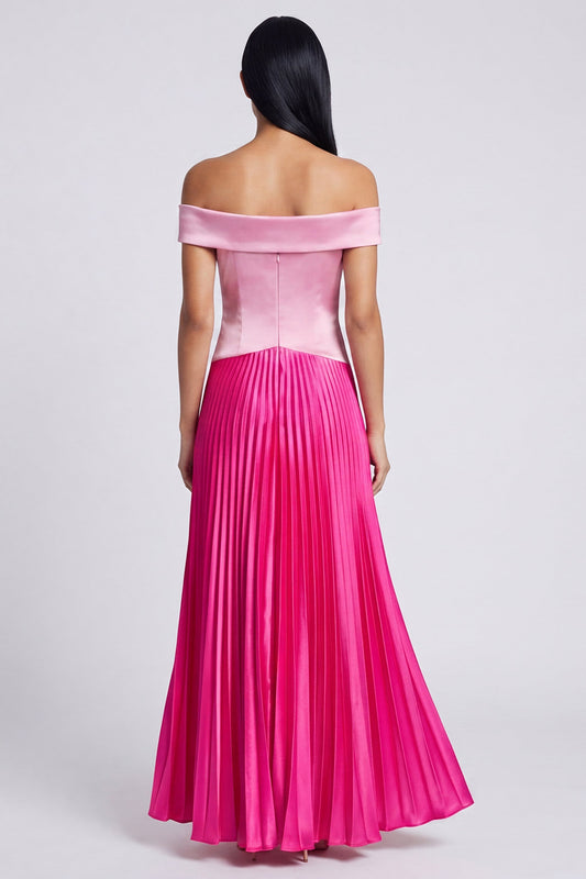 A Line Color Block Patchwork Pink and Fuchsia Long Formal Dress with Pleats