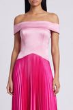 A Line Color Block Patchwork Pink and Fuchsia Long Formal Dress with Pleats