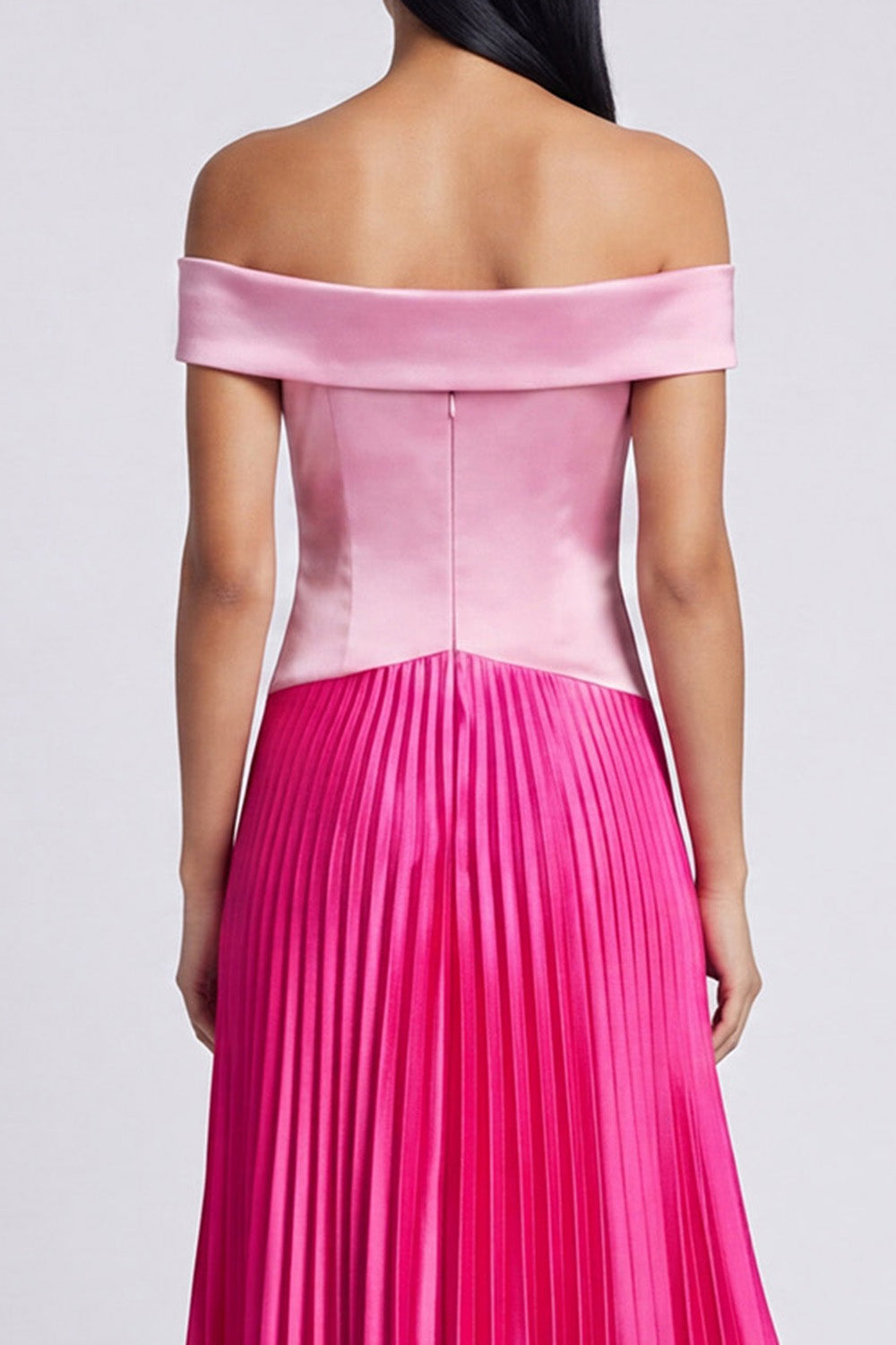 A Line Color Block Patchwork Pink and Fuchsia Long Formal Dress with Pleats