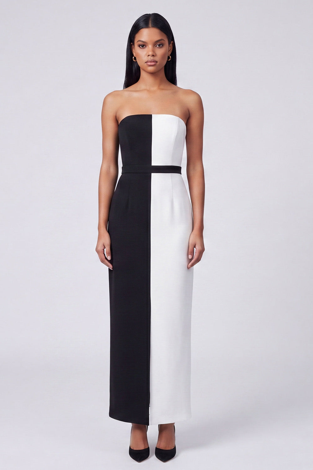 Strapless Sheath Black and White Color Block Patchwork Long Formal Dress