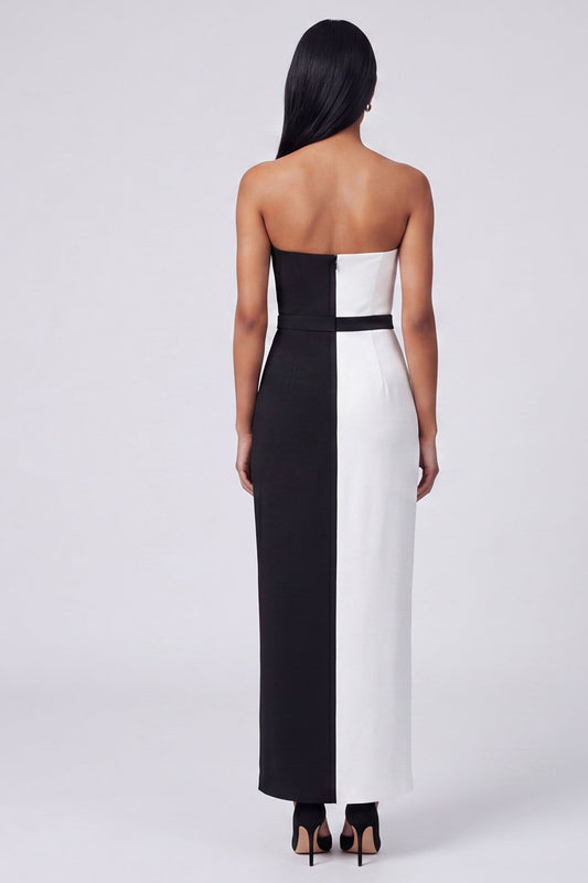 Strapless Sheath Black and White Color Block Patchwork Long Formal Dress