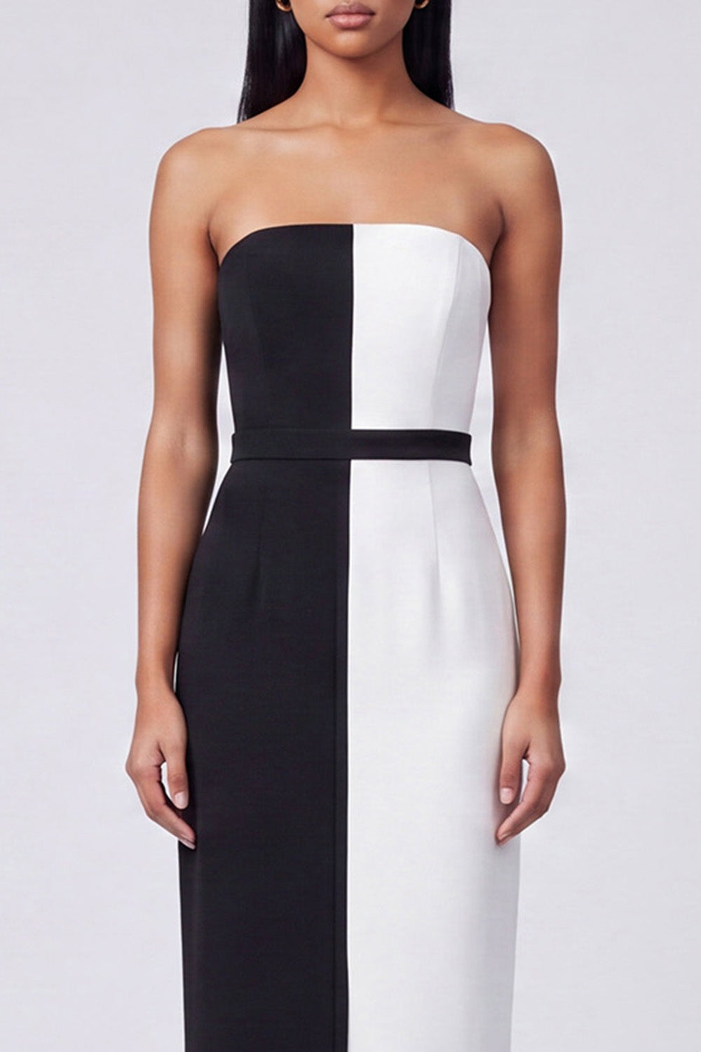 Strapless Sheath Black and White Color Block Patchwork Long Formal Dress