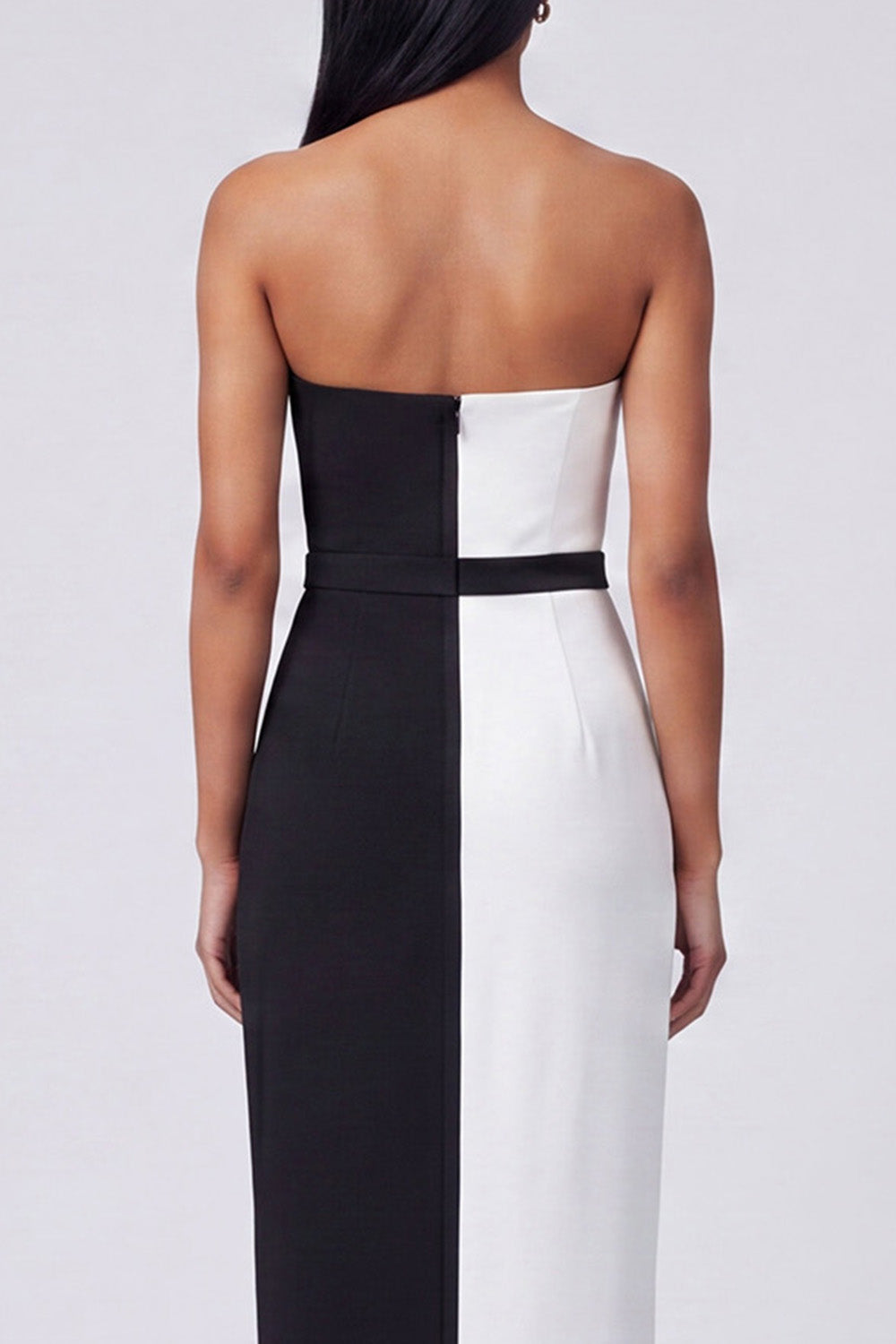 Strapless Sheath Black and White Color Block Patchwork Long Formal Dress