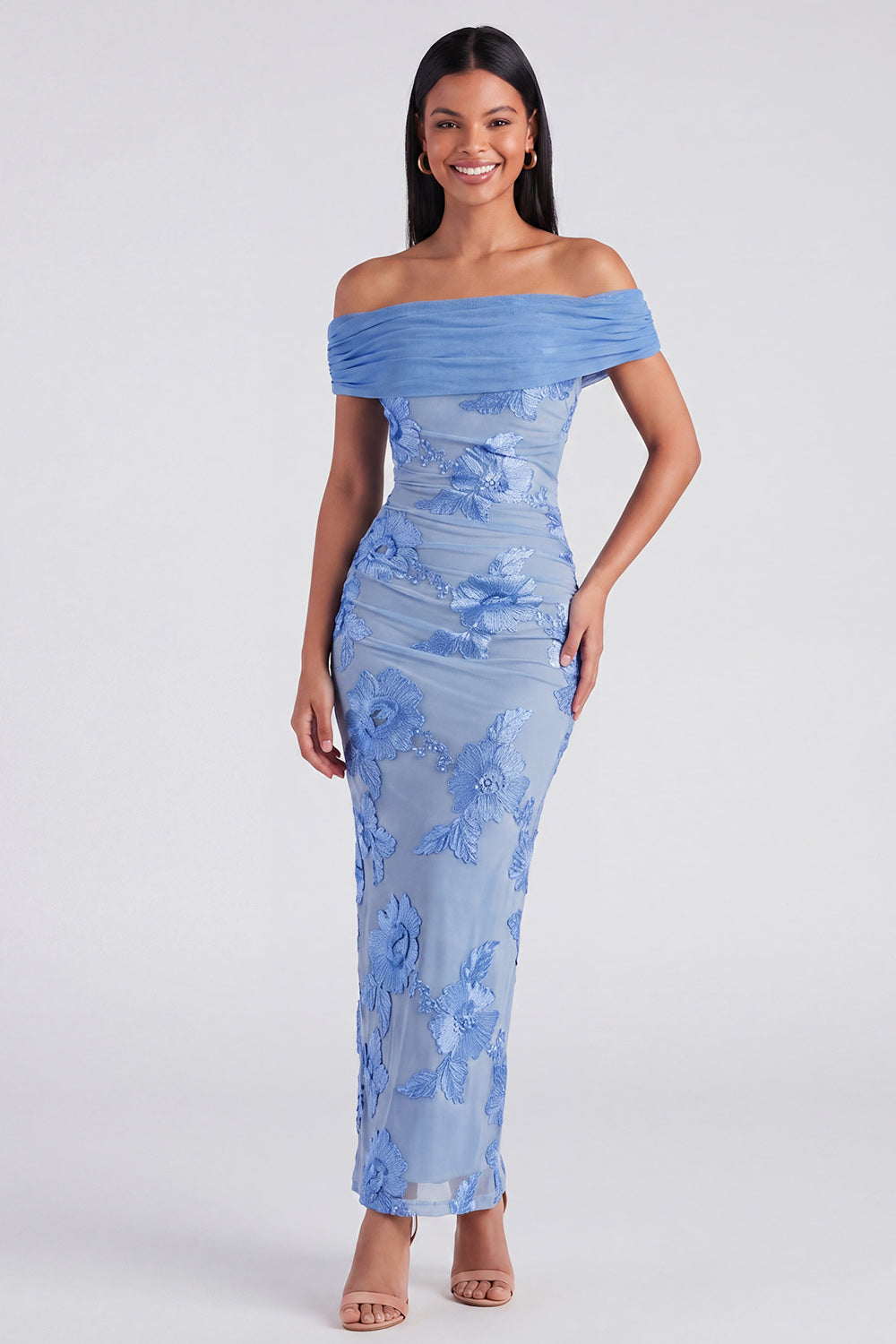 Off the Shoulder Blue Floral Maxi Mermaid Beach Wedding Guest Dress with Back Slit