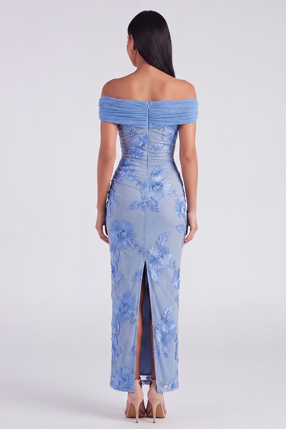 Off the Shoulder Blue Floral Maxi Mermaid Beach Wedding Guest Dress with Back Slit