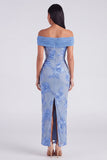 Off the Shoulder Blue Floral Maxi Mermaid Beach Wedding Guest Dress with Back Slit