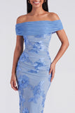 Off the Shoulder Blue Floral Maxi Mermaid Beach Wedding Guest Dress with Back Slit