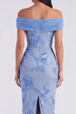 Off the Shoulder Blue Floral Maxi Mermaid Beach Wedding Guest Dress with Back Slit