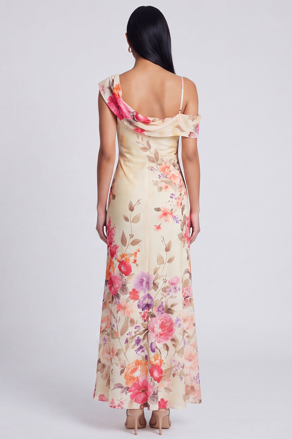Ivory Floral One Shoulder Mermaid Maxi Beach Wedding Guest Dress