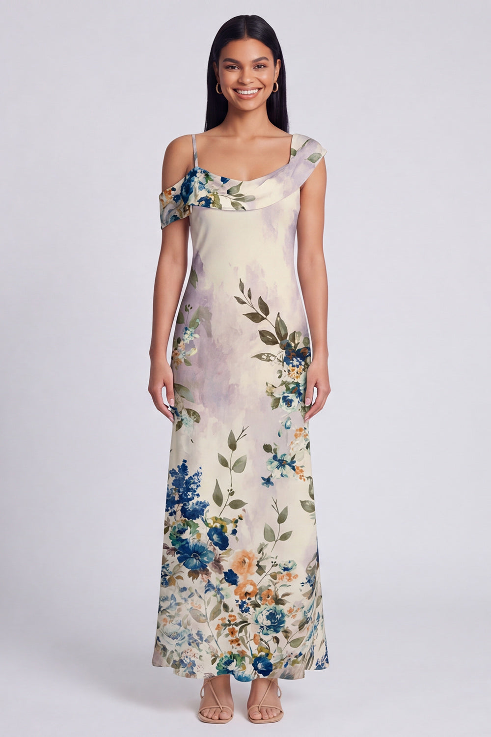 Ivory Floral One Shoulder Mermaid Maxi Beach Wedding Guest Dress