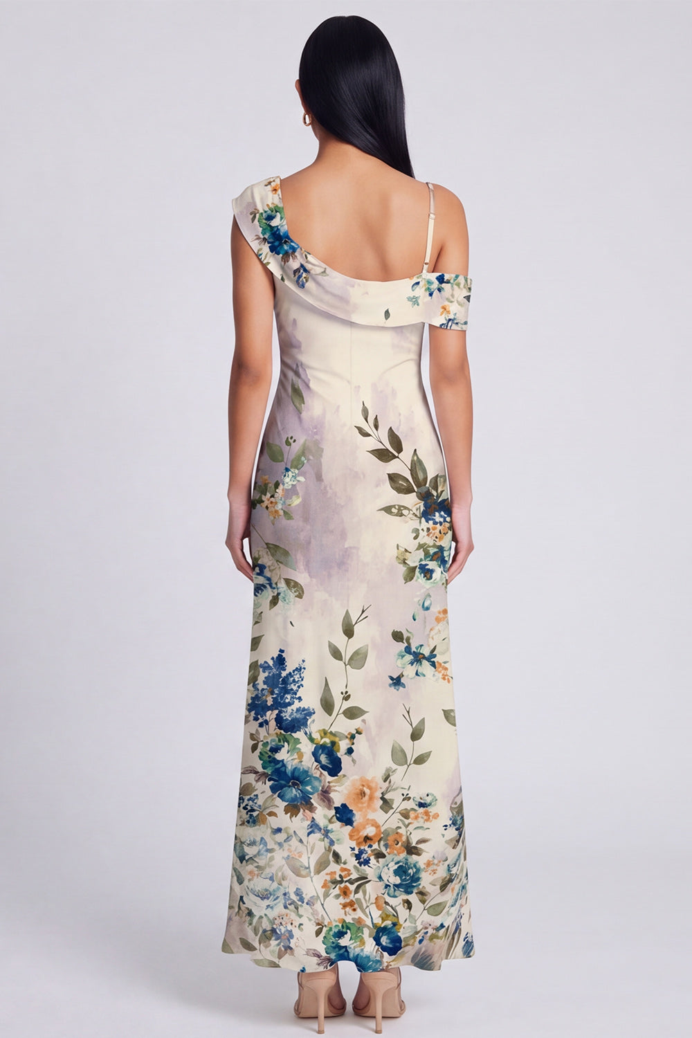 Ivory Floral One Shoulder Mermaid Maxi Beach Wedding Guest Dress