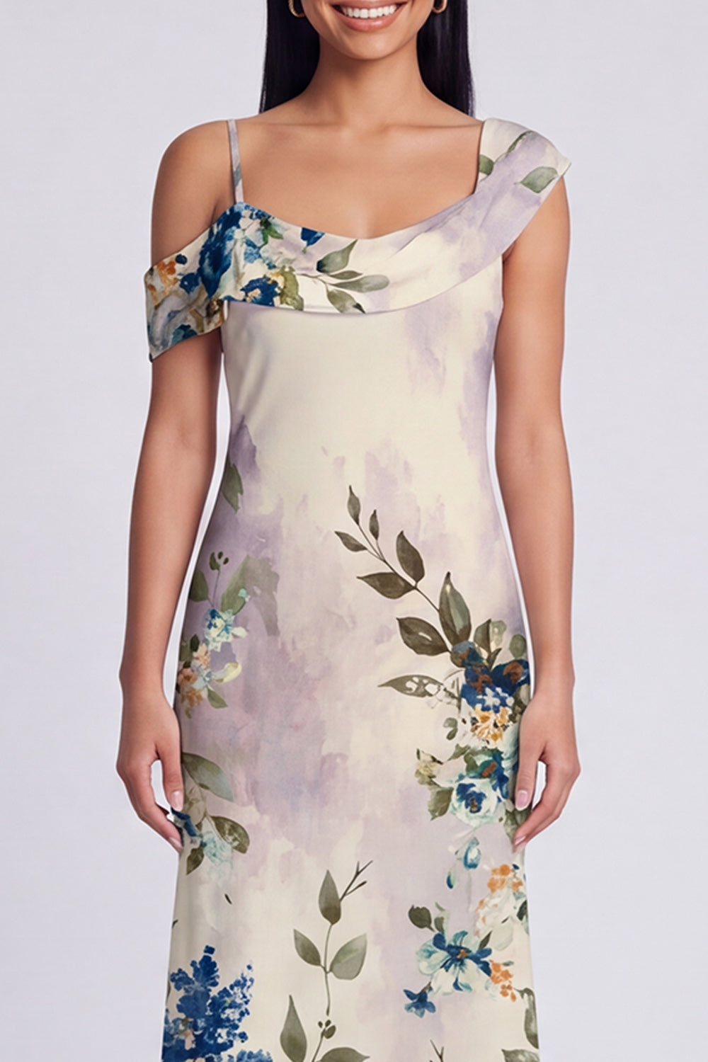 Ivory Floral One Shoulder Mermaid Maxi Beach Wedding Guest Dress