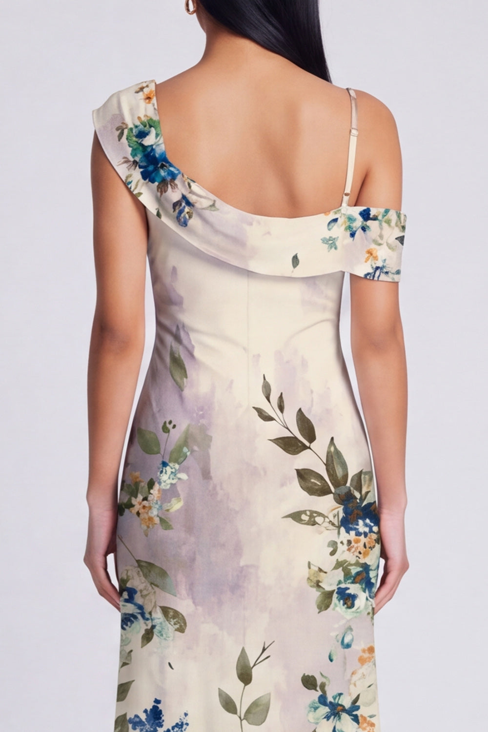 Ivory Floral One Shoulder Mermaid Maxi Beach Wedding Guest Dress