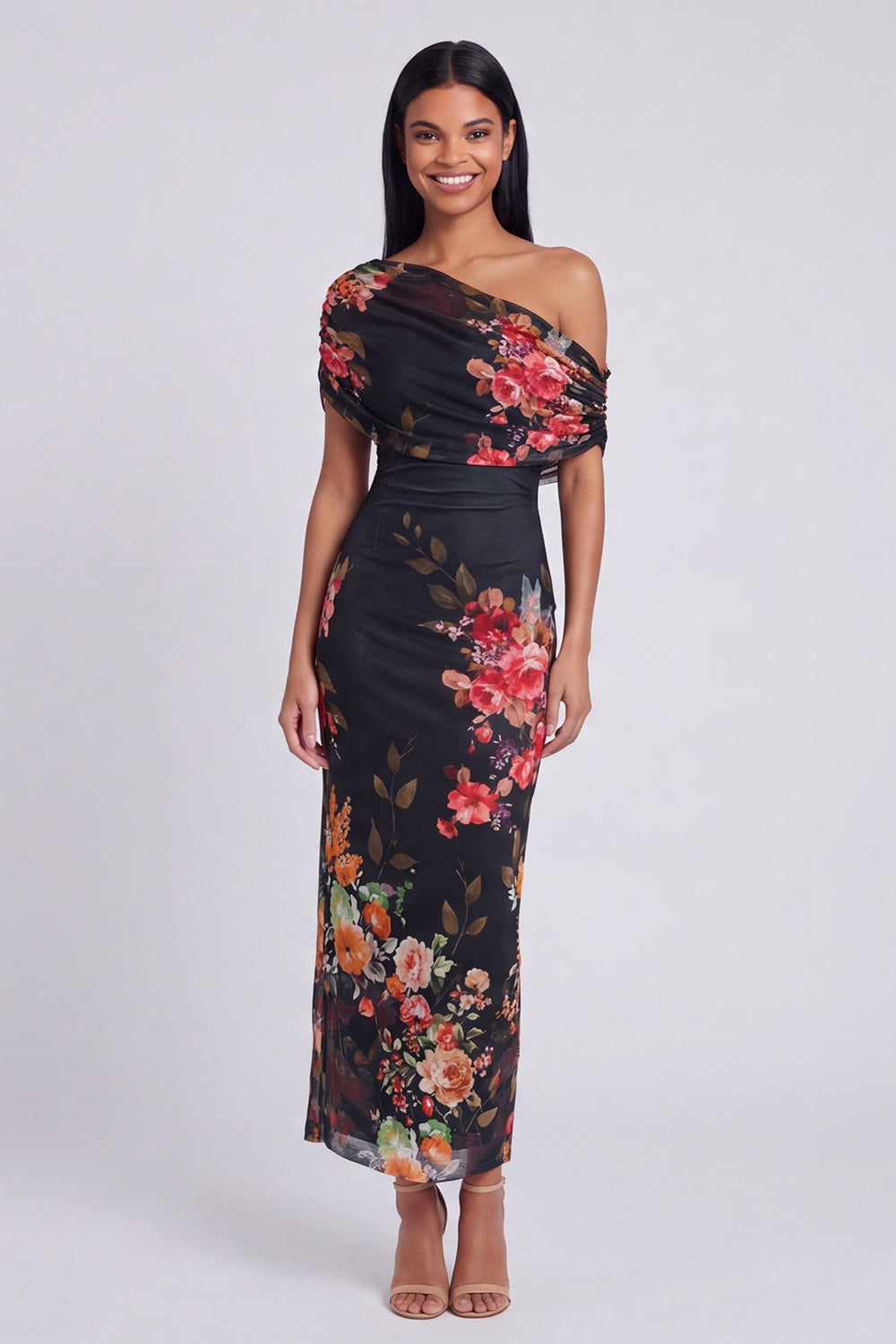 One Shoulder Sheath Ruched Ivory Floral Maxi Beach Wedding Guest Dress