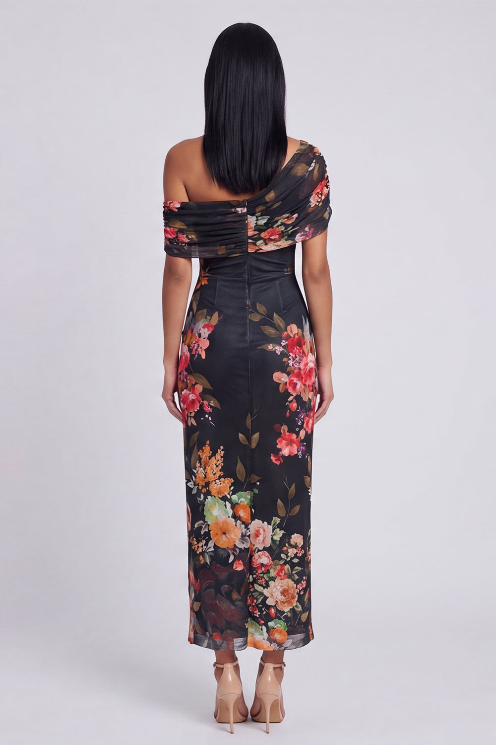 One Shoulder Sheath Ruched Ivory Floral Maxi Beach Wedding Guest Dress