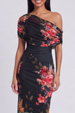 One Shoulder Sheath Ruched Ivory Floral Maxi Beach Wedding Guest Dress
