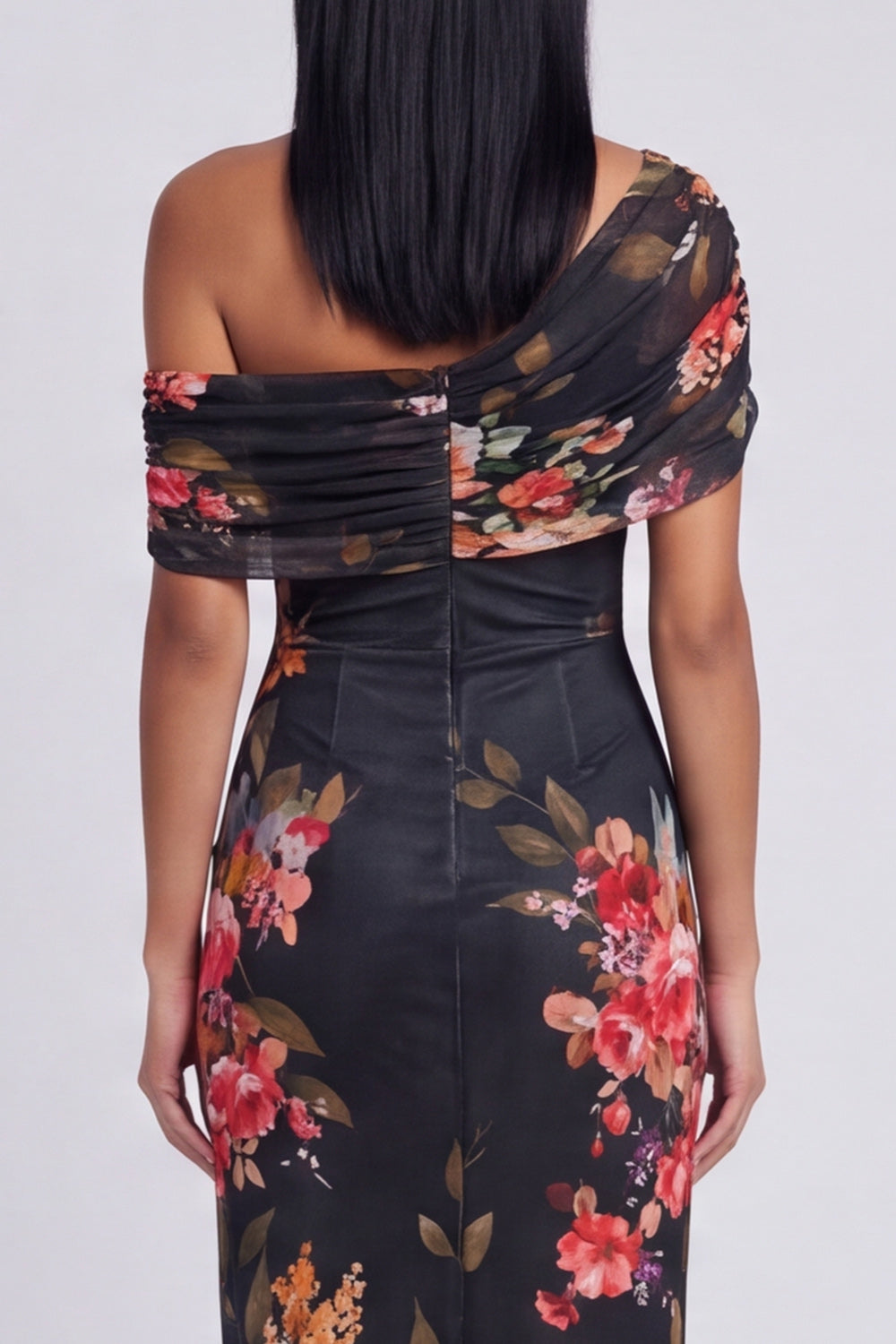 One Shoulder Sheath Ruched Ivory Floral Maxi Beach Wedding Guest Dress