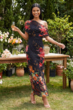 One Shoulder Sheath Ruched Ivory Floral Maxi Beach Wedding Guest Dress