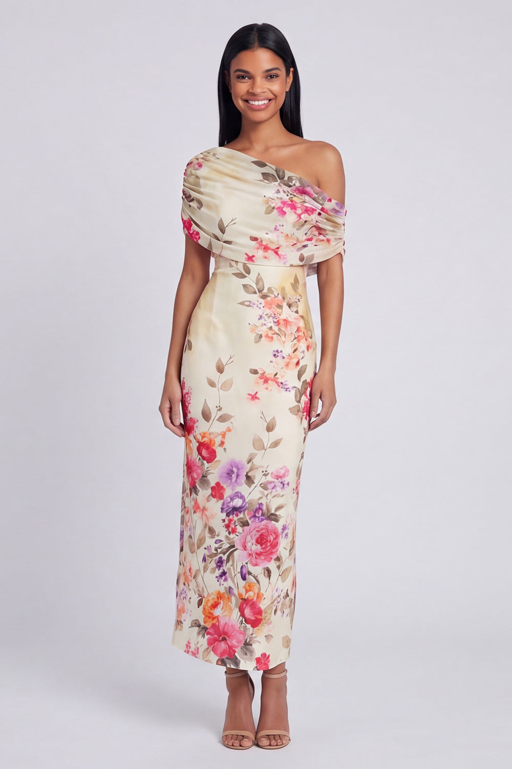 One Shoulder Sheath Ruched Ivory Floral Maxi Beach Wedding Guest Dress