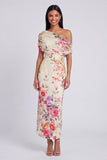 One Shoulder Sheath Ruched Ivory Floral Maxi Beach Wedding Guest Dress