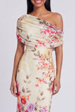 One Shoulder Sheath Ruched Ivory Floral Maxi Beach Wedding Guest Dress