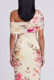 One Shoulder Sheath Ruched Ivory Floral Maxi Beach Wedding Guest Dress