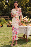 One Shoulder Sheath Ruched Ivory Floral Maxi Beach Wedding Guest Dress