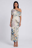 One Shoulder Sheath Ruched Ivory Floral Maxi Beach Wedding Guest Dress