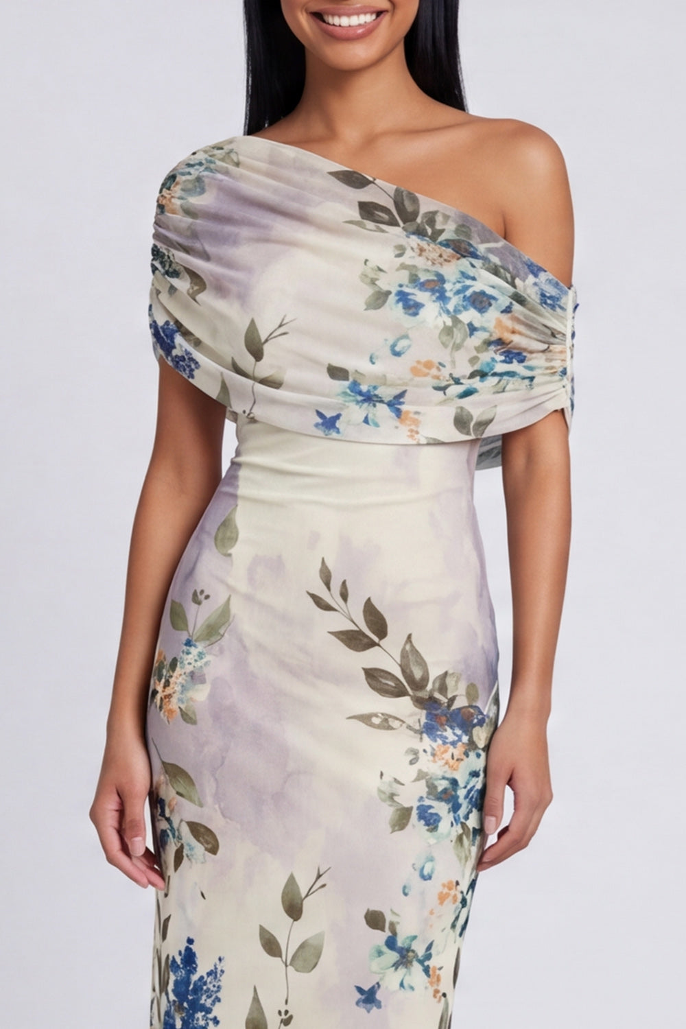 One Shoulder Sheath Ruched Ivory Floral Maxi Beach Wedding Guest Dress
