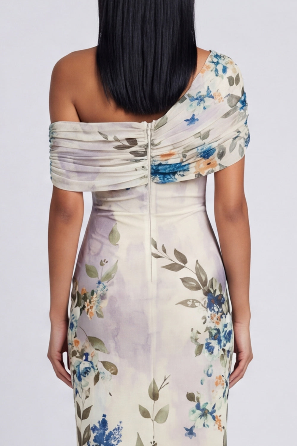 One Shoulder Sheath Ruched Ivory Floral Maxi Beach Wedding Guest Dress