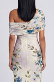 One Shoulder Sheath Ruched Ivory Floral Maxi Beach Wedding Guest Dress