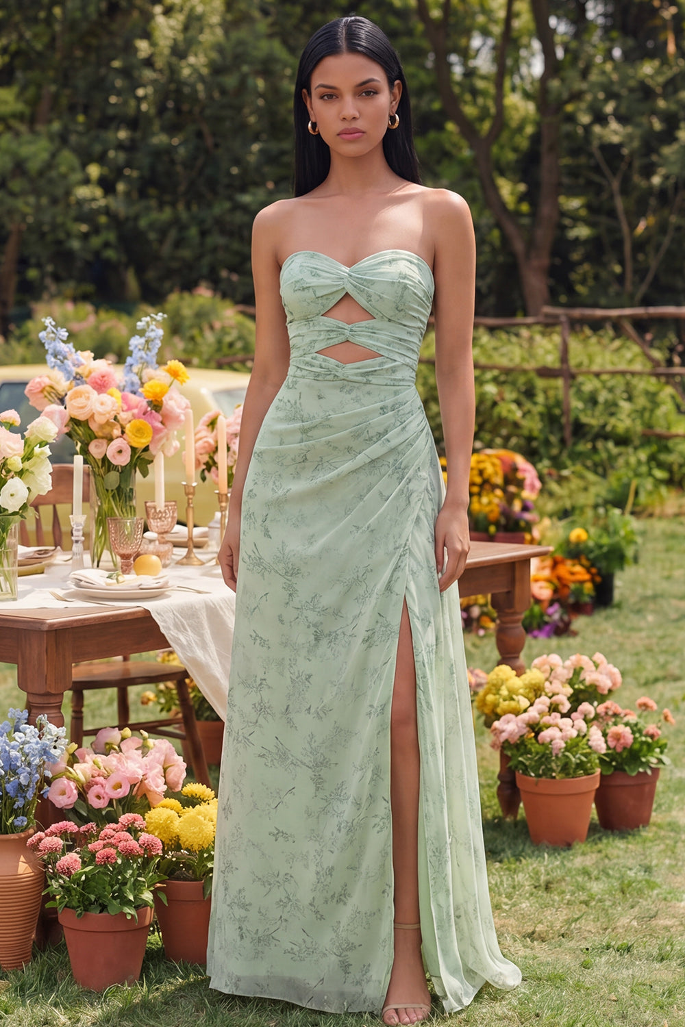 Strapless Dusty Sage Maxi A Line Keyhole Beach Wedding Guest Dress with Slit