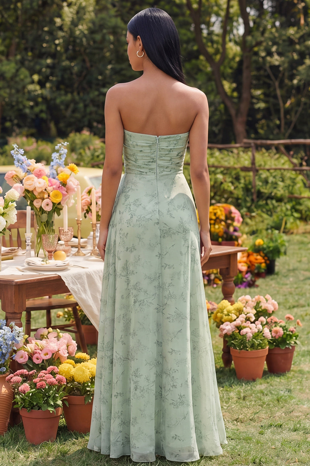 Strapless Dusty Sage Maxi A Line Keyhole Beach Wedding Guest Dress with Slit
