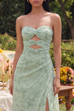 Strapless Dusty Sage Maxi A Line Keyhole Beach Wedding Guest Dress with Slit