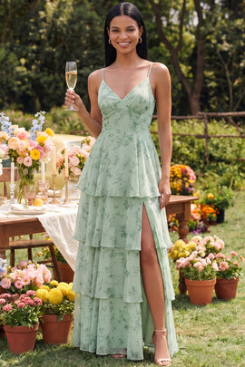 Dusty Sage Maxi A Line Ruffled Spaghetti Straps Beach Wedding Guest Dress with Slit