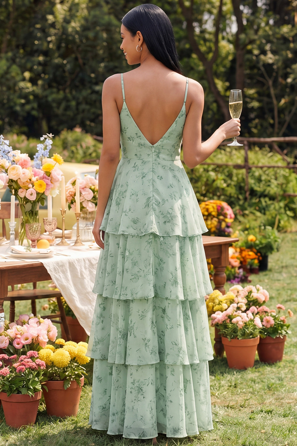 Dusty Sage Maxi A Line Ruffled Spaghetti Straps Beach Wedding Guest Dress with Slit